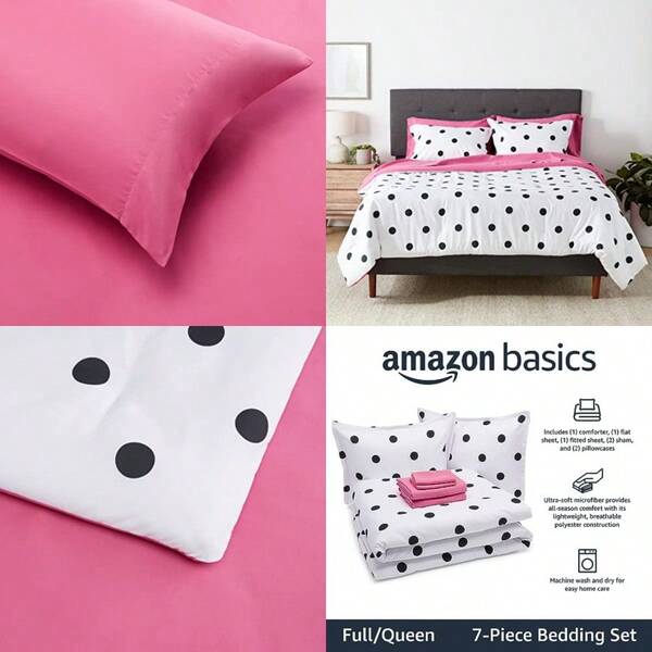 Lightweight Microfiber BedinaBag Comforter 7Piece Bedding Set Full Queen White And Black Polka Dot