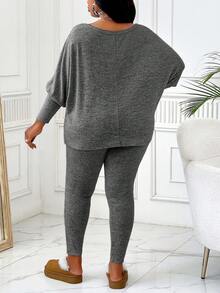 BIUBIU 大码女式纯色圆领蝙蝠袖上衣和裤子休闲套装，春秋季优雅款 - 花灰色 - 查看 2