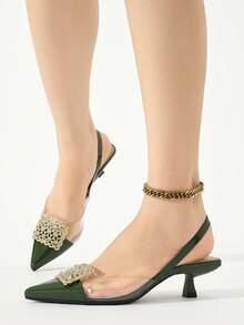 Sepatu hak rendah model slingback dengan hiasan rhinestones untuk wanita, elegan & nyaman, cocok untuk pesta formal, pernikahan, upacara di musim gugur/musim dingin, warna hijau militer, hadiah Hari Ibu. - Hijau Tentara - View 5