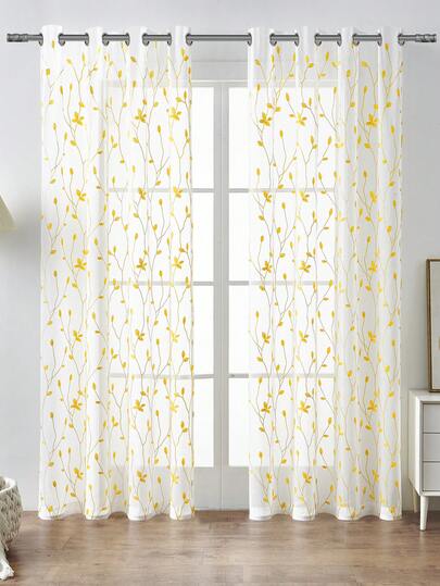 ستارة شفافة نصف بلون أصفر، بنمط زهري مطرز، خفيفة وقابلة للتنفس مع حماية من الأشعة فوق البنفسجية، مزودة بفتحات علوية للتركيب السهل، مناسبة للغرفة المعيشية والنوم والشرفة