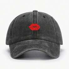 Embroidered Lips Vintage Soft Baseball Caps Men Women Water Washed Cotton Hat Sports Fishing Dad Visor Peaked Cap - Black - View 1