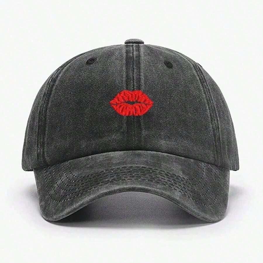 Embroidered Lips Vintage Soft Baseball Caps Men Women Water Washed Cotton Hat Sports Fishing Dad Visor Peaked Cap - Black - View 1