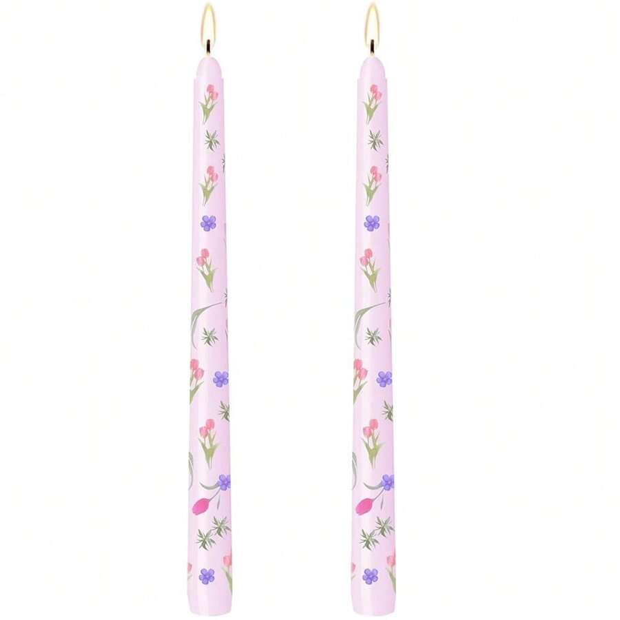 10 Inch Floral Taper Candles - 2pcs Handmade Unscented Somkeless Tall Candlesticks,Printed Cone Candles For Mother Day Home Party Wedding Restaurant{Inchcolor_nameinch:InchPurpleFlowerinch,Inchsize_nameinch:Inch10Inch-2Countinch} - 紫花 - 查看 1