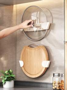 1 pieza Estante ajustable para tapa de olla montado en la pared, organizador de almacenamiento de cocina sin taladro, soporte plegable para tapas, tablas de cortar y utensilios de cocina