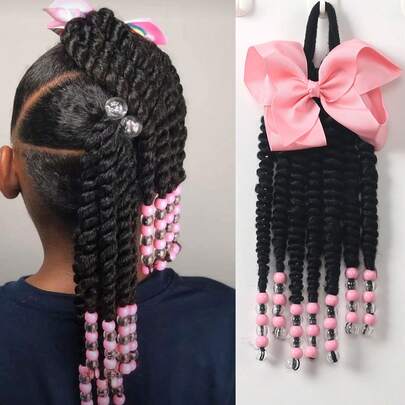 1pc Children Braided Ponytail, Synthetic Fiber Ponytail Extension With Bow And Beads