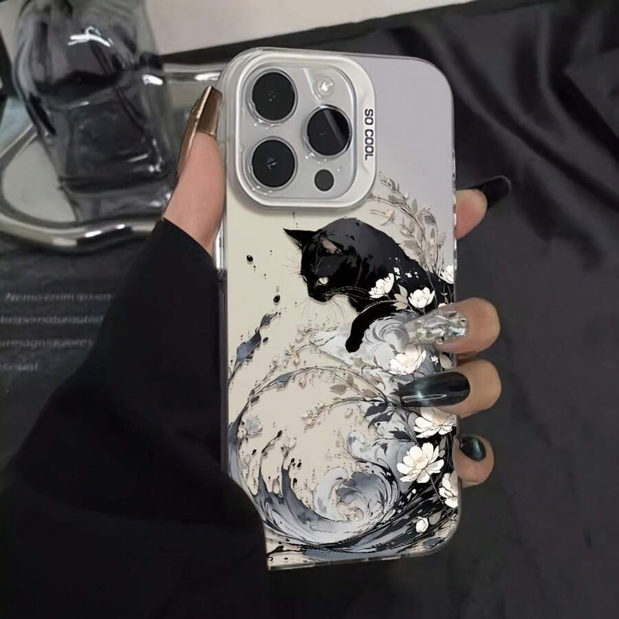 Funda de Teléfono Colorida con Patrón de Gato Negro Vintage Electroplacado, Adecuada para iPhone 17 16 15 14 13 12 11 XS XR X 7 8 12/13 Mini Plus Pro Max SE, Regalo de Cumpleaños o San Valentín para Novia Novio, Regalo para Ella, Accesorios de Moda, Impresión Brillante, Funda de Teléfono Duradera, Funda de Teléfono, Funda de Teléfono de Moda, Entusiasta de la Tecnología, Amante de los Gatos - Colores mixtos - Ver 1