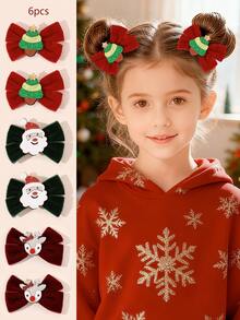 6pcs Chriatmas Decor Red And Green Velvet Bow Hair Clips,Christmas Trees & Deer & Santa Claus Accessories Hair Bows,Cute Hair Barrettes For Girls Teens Gifts