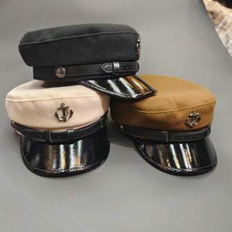 1pc Smooth Brim Vintage Beret Hat, Navy Cap With Anchor Logo, Adult Party Theme Hat, Costume Cosplay Outdoor Fashion, Minimalist Newsboy Cap, Lightweight Visor Hat