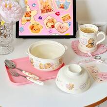 1 Set Of Cute And Heartwarming Thanksgiving Bear Patterned Exquisite Ceramic Covered Bowls With Lids, Forks And Spoons, Plus A Mug Set. Perfect For Solo Dining And Comforting Instant Noodle Dinners. Ideal As A Gift For Friends, Family, And Children. Great For Thanksgiving, Halloween.