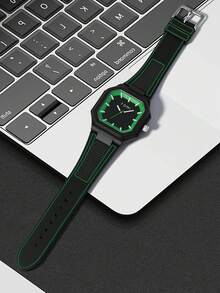 1件 TOMI 男女通用方形硅胶表带手表，简约小众复古创意线条石英表，适合日常生活、节日、送礼、返校季、万圣节、情人节、圣诞节、年末等场合。 - 綠色 - 查看 3