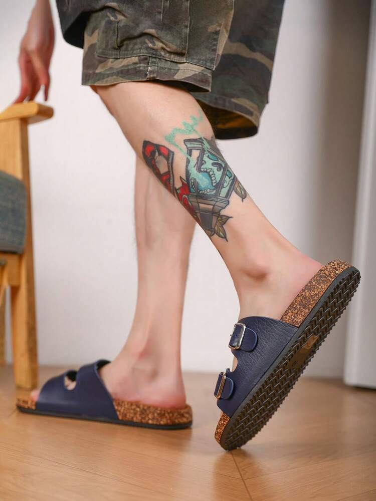 Nuevas zapatillas de estar por casa para hombres con suela de corcho suave y elegante, parte superior de PU ajustable, antideslizantes, cómodas, livianas e ideales para interiores - Azul oscuro - Añade 4