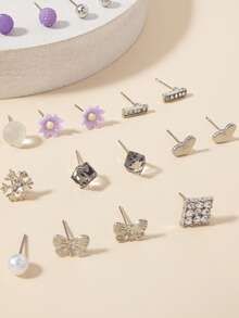 30 Pairs Elegant Butterfly & Snowflake Faux Pearl Metal Rhinestone Stud Earrings Set, Fashionable For Daily Casual Wear, Holiday Gift - Multicolor - View 4