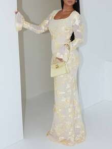 Unadoll 女士春季性感修身圆领喇叭袖裹臀提花面料优雅连衣裙，适合约会、户外活动、生日、派对、晚宴、度假、通勤、情人节等场合穿着。 - 黃色 - 查看 8