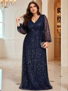 EVERPRETTY 亮片派对礼服，灯笼袖亮片正式礼服，优雅长袖舞会晚宴冬季婚礼宾客礼服，毕业典礼、晚宴派对礼服，节日女装 - 藏蓝色 - 查看 8