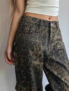Women's Leopard Print Cargo Pants, Loose Retro Wide Leg Casual Trousers, Autumn - Black - View 5