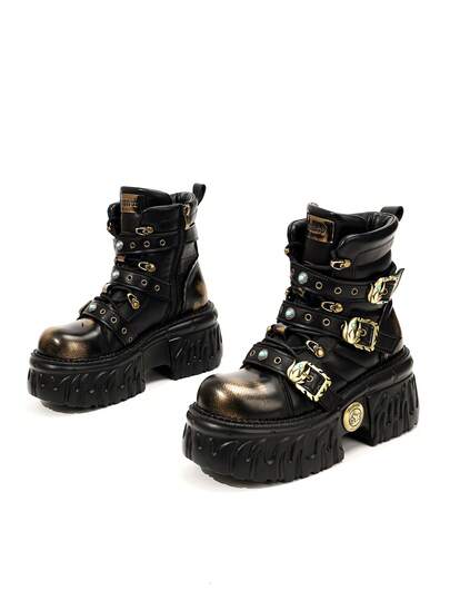 秋冬季哥特赛博朋克风系带靴，厚底，时尚复古厚底女鞋