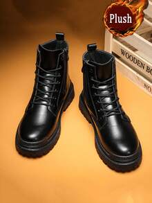 Men's High Top Boots, Autumn/Winter, All-Match Black Leather Casual Shoes, Wear-Resistant Low-Cut Cargo Shoes, New Fashionable Casual Shoes Go With Dress, Lace-Up Metal Eyelets - Black - View 6