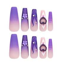 Purple Press On Nails Heart Fake Nails Tips Full Cover False Coffin Long Fire Nails For Women And FFgirls 24PCS{Inchcolor_nameinch:InchNails-14inch} - 釘子-14 - 查看 6