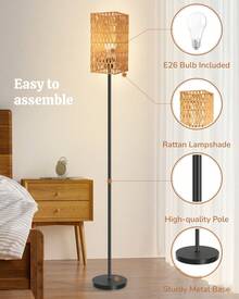 Floor Lamp For Living Room,Farmhouse Rattan Floor Lamp,Modern Standing Lamp With Hand-Worked Rattan Shade,Black Tall Lamp With Foot Switch (Square Shade) - Xem 7