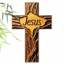 1pc Vintage Wooden Cross With "Jesus" Wall Hanging Cross, Home Religious Decor, Wall Art Decor, Suitable For Living Room, Church, Bedroom, Office, Kitchen, Entryway, Holiday Decoration - Multicolor - View 3