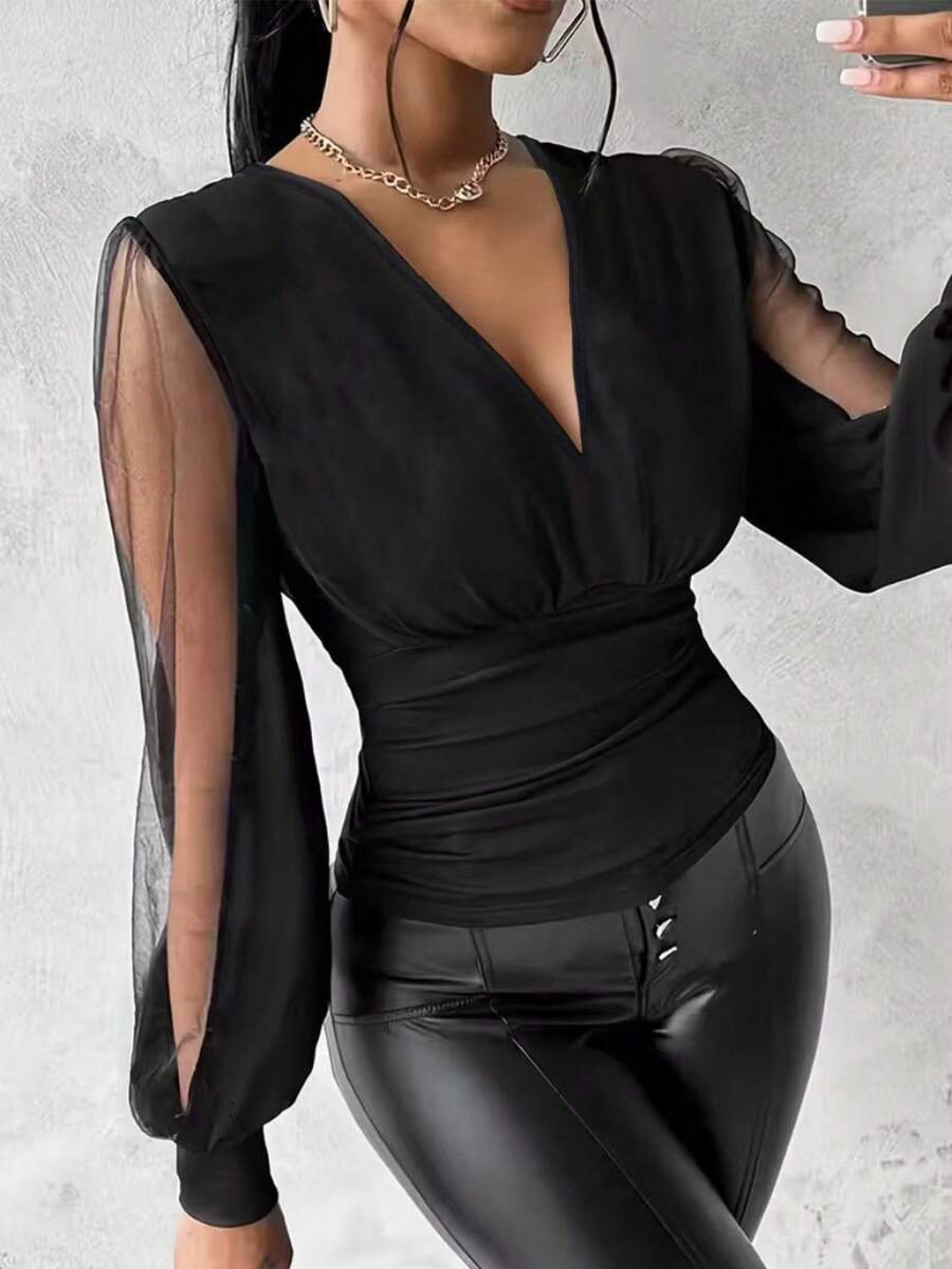 女士纯色褶皱V领网纱拼接衬衫 - 黑色 - 查看 1