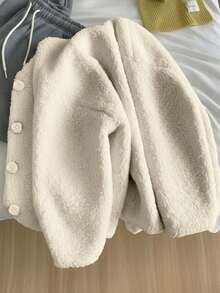 女士杏色泰迪绒仿毛皮纽扣长袖开衫外套，时尚外套，略带弹性