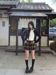 棕黑色格纹百褶A字高腰半身裙，显瘦廓形，适合上学、通勤，日式学生风春季单品 - 咖啡棕 - 查看 2