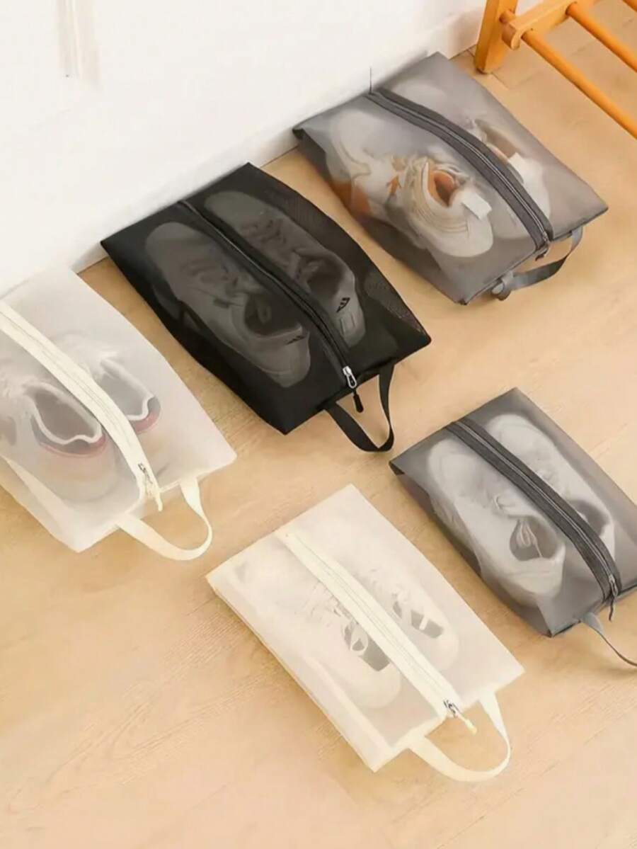 可折叠透气网眼鞋袋 - 透明视觉设计，耐用涤纶大容量鞋袋，适用于健身、旅行、海滩以及化妆品和洗漱用品收纳 - 米色/黑色 - 彩色 - 查看 1