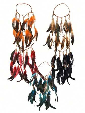 1 pieza Accesorio para el cabello con borla de plumas en degradado de estilo bohemio, diadema hecha a mano vintage con cuerda trenzada y cuentas de madera, adecuada para vacaciones y uso diario, pañuelo, diadema deportiva, accesorio para el cabello de otoño/invierno