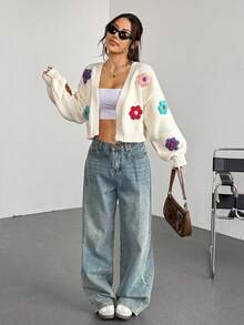 Women's Casual Floral Decor Long Sleeve Knitted Cardigan, Autumn/Winter