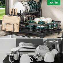 Dish Drying Rack, Two-Tier Removable Dish Rack, Suitable For Kitchen Countertops, Large-Capacity Dish Drainer, Kitchen Storage Rack With Knife And Cutting Board Holders, Efficiently Saves Space For Storing Plates, Bowls, Pots, And Utensils, Efficiently Stores Plates, Dish Drainer Rack. - White - View 3