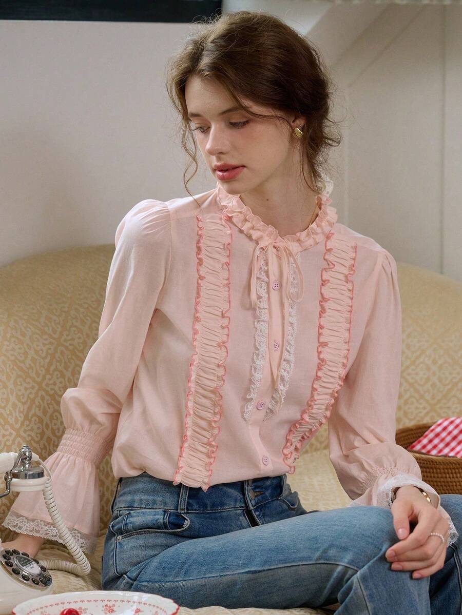 Simple Retro Camisa casual versátil de uso diario con cuello de corbata y pliegues para mujer - Rosa - Ver 1