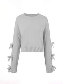 Joy Knit 女款秋冬新款針織上衣 優雅休閒極簡甜美百搭 3D蝴蝶結袖短版寬鬆圓領針織套頭毛衣 生日派對海灘節慶適用 - 灰色 - 查看 5