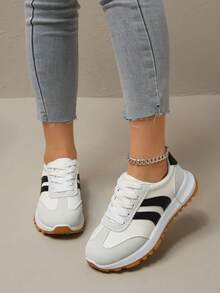 1 Pair Women's Flat Lace-Up Color Block Patchwork PU Leather & Mesh Splice Casual Sneakers, Outdoor All Season, Standard Size, Flat Gump Shoes