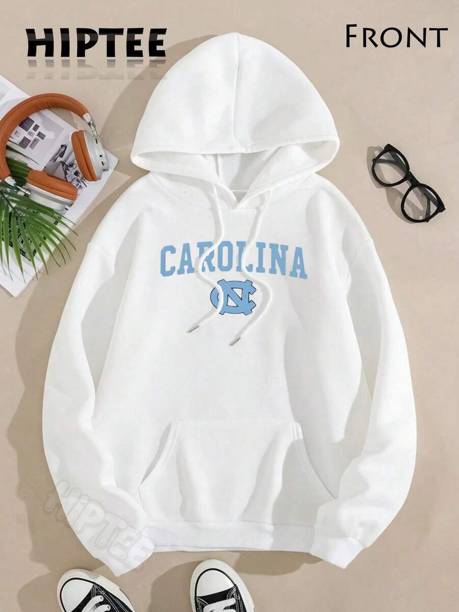 [Cotton Blend Hoodie] Vintage North Carolina Hooded Sweatshirt, Cozy Fall & Winter Style Long Sleeve Top, Retro Sportwear, Casual Logo Shirt-Unisex Wo - 白色 - 查看 1