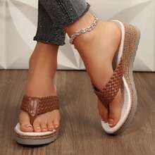 Women Platform Sandals Braided Thong Flats Sandals Lightweight Summer Beach Vacation Outdoor Travel Walking Wedges Heels - 棕色 - 查看 4
