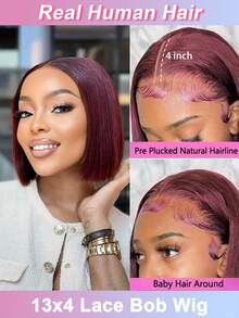 99j 酒红色波波头假发，真人发蕾丝前假发，预先拔毛，13x4 蕾丝前假发，150 密度，短款波波头前假发，无胶假发，真人发带婴儿发，14 英寸