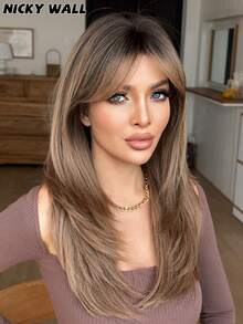 NICKY WALL Ombre Blonde Brown Wigs Long Straight Layered Wig With Curtain Bangs Dark Roots High Density Wig Heat Resistant Synthetic Fiber Wigs For Women & Daily Party Four Seasons Use 24 Inch - Brown Highlight - View 2