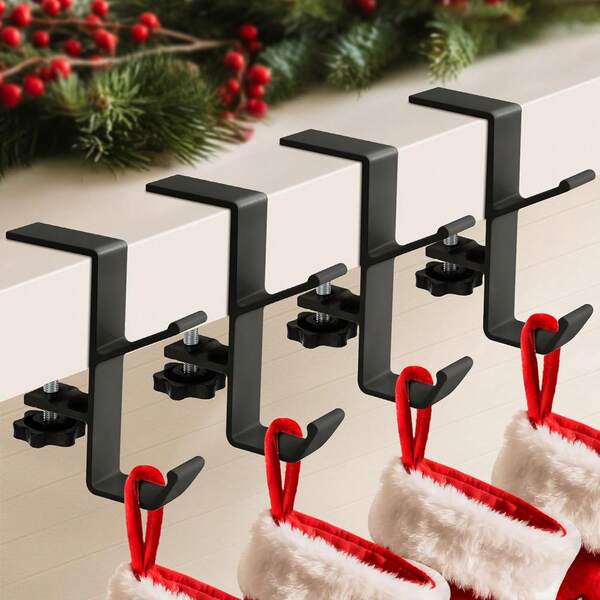 4Pcs Christmas Stockings Garland Holder Hanger, 2 In 1 Metal Adjustable Fireplace Stocking Hooks For Mantle Hanging Christmas Decorations, Black Clamp-On Desk Mount Bag Holder Hook For Tables, Heavy Duty Handbag Hanger Organizer