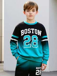 2 件套青少年男童渐变色运动衫和慢跑裤套装，字母印花渐变色套头衫和锥形裤，春秋季时尚 - 藍色 - 查看 4