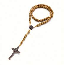 New Style 8mm Olive Wood Rosary Cross Necklace, Long Length, Natural Wooden Beads, Hand-Woven Beaded Bracelet/Necklace - nâu nhạt - Xem 8