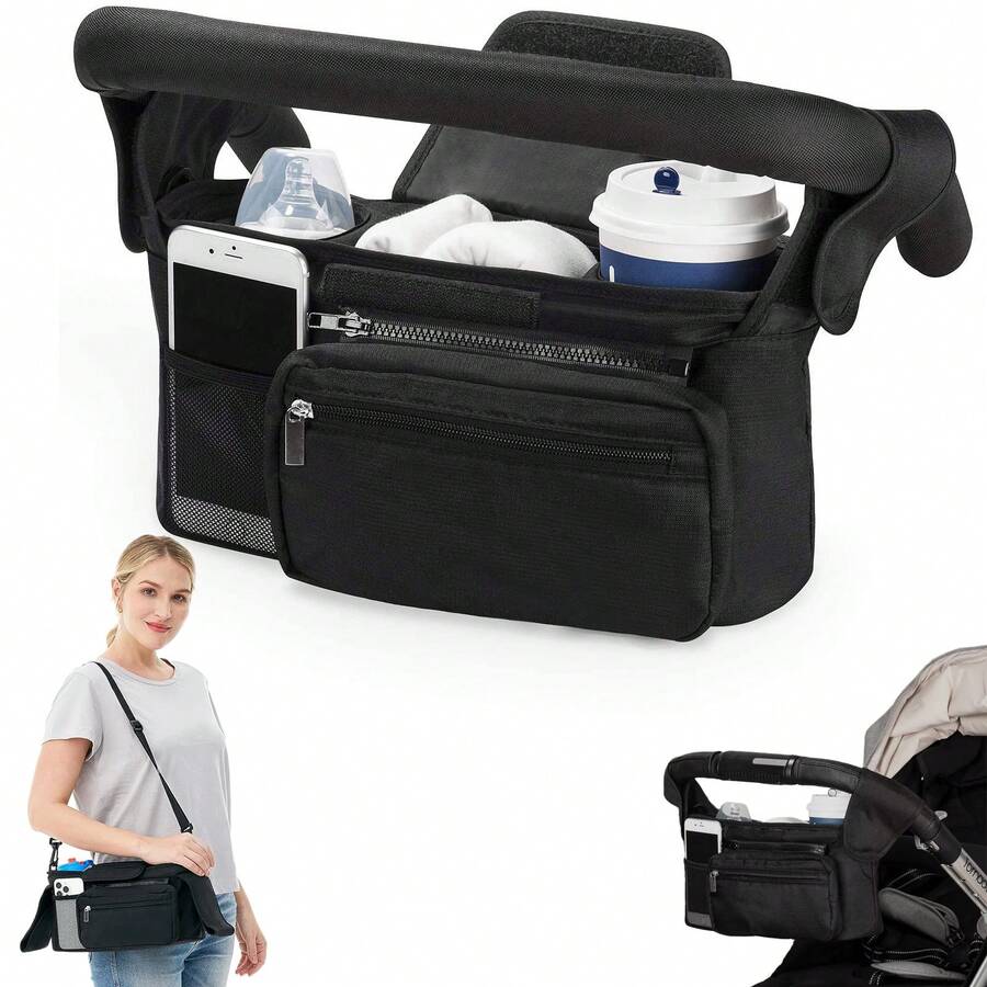 ANTSAY Organizador de Carriola de Bebé,Organizador Universal para Cochecito,2 Portavasos y Bolsillo Desmontable con Cremallera, Correa de Hombro,Bolsa de Almacenamiento de Cochecito - Negro - Ver 1