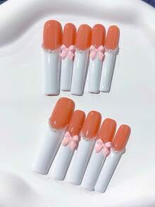 10pcs Y2K Cute Extra Long Coffin Shape Simple Nude & White French Handmade Press On Nails, With Pearl Embellishment, White Bow Decoration; Nail Supplies, Acrylic Nails, Homemade Nails, DIY, Nail Art, Acrylic False Nails; Suitable For Vacation, Birthday, Party, Daily Wear; Includes 1pc Jelly Glue & 1pc Mini File - White - View 2