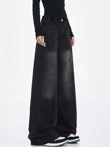 Teen Girl Vintage American Style Ripped Washed Loose Fit Straight Leg Jeans, Casual Trousers, Slim Flattering, Versatile For Spring & Autumn - Black - View 1