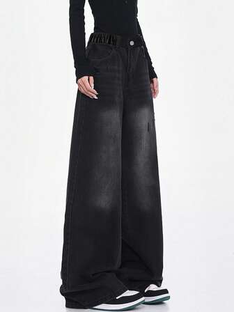 少女复古美式风格破洞水洗宽松直筒牛仔裤，休闲长裤，修身显瘦，百搭春秋