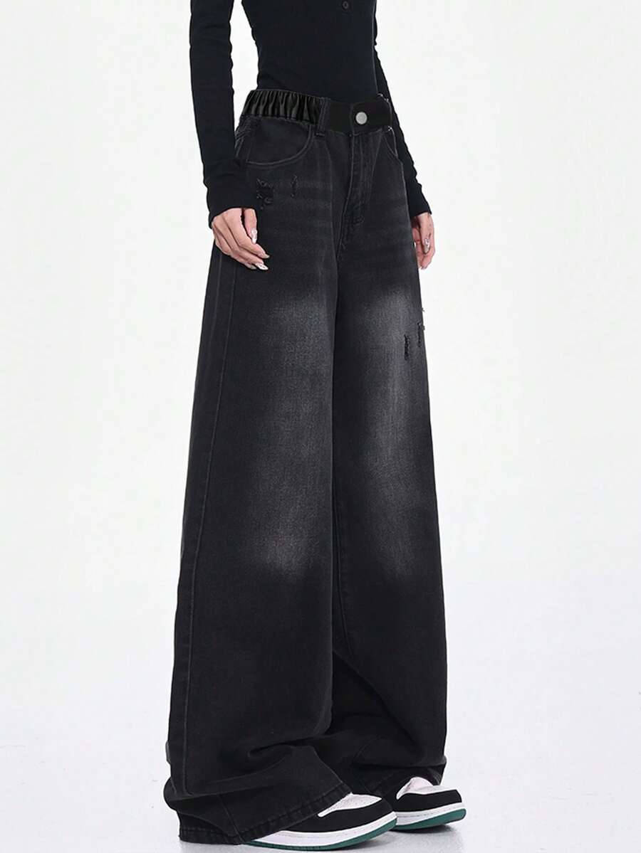 Teen Girl Vintage American Style Ripped Washed Loose Fit Straight Leg Jeans, Casual Trousers, Slim Flattering, Versatile For Spring & Autumn - Black - View 1