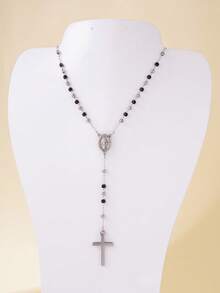 1pc 4mm Stainless Steel Floral Pattern Gold Virgin Mary Cross Rosary Necklace (Inlaid Artificial Diamonds), Lightweight Luxury Necklace For Women's Daily Wear