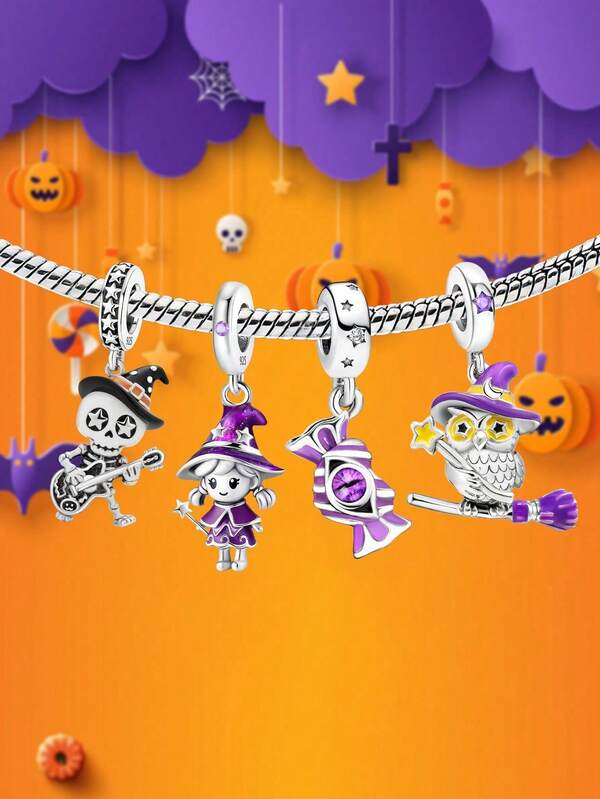 1 pieza Encantador colgante de plata de ley 925 con diseño de esqueleto tocando guitarra, montado en escoba, búho, bruja y dulces de Halloween, adecuado para hacer pulseras, brazaletes y joyería DIY de mujer