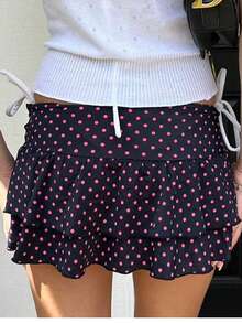 Women Layered Ruffle Mini Skirt Y2k Polka Dot Print A Line Tiered Short Skirt Streetwear For Teen Girl - 玫紅色 - 查看 3