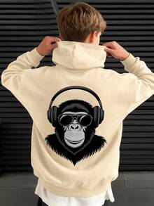 1件青少年男童休闲趣味恶魔骷髅印花卫衣，趣味多彩连帽套头衫，适合学生，秋冬季 - 杏色 - 查看 9